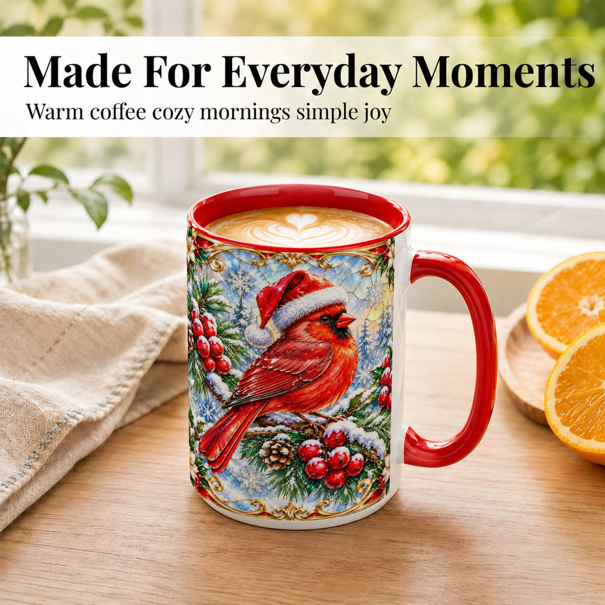 #pl[15oz|Red] Ornate Cardinal Coffee Mug, Christmas Bird Mug, Ceramic Cup