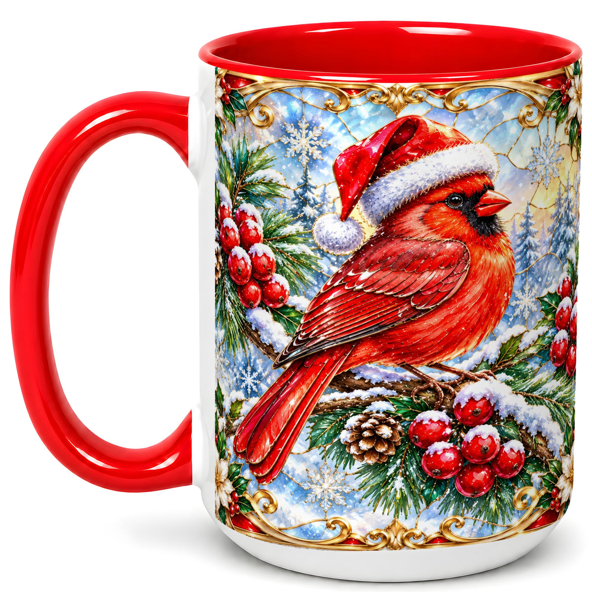 #pl[15oz|Red] Ornate Cardinal Coffee Mug, Christmas Bird Mug, Ceramic Cup