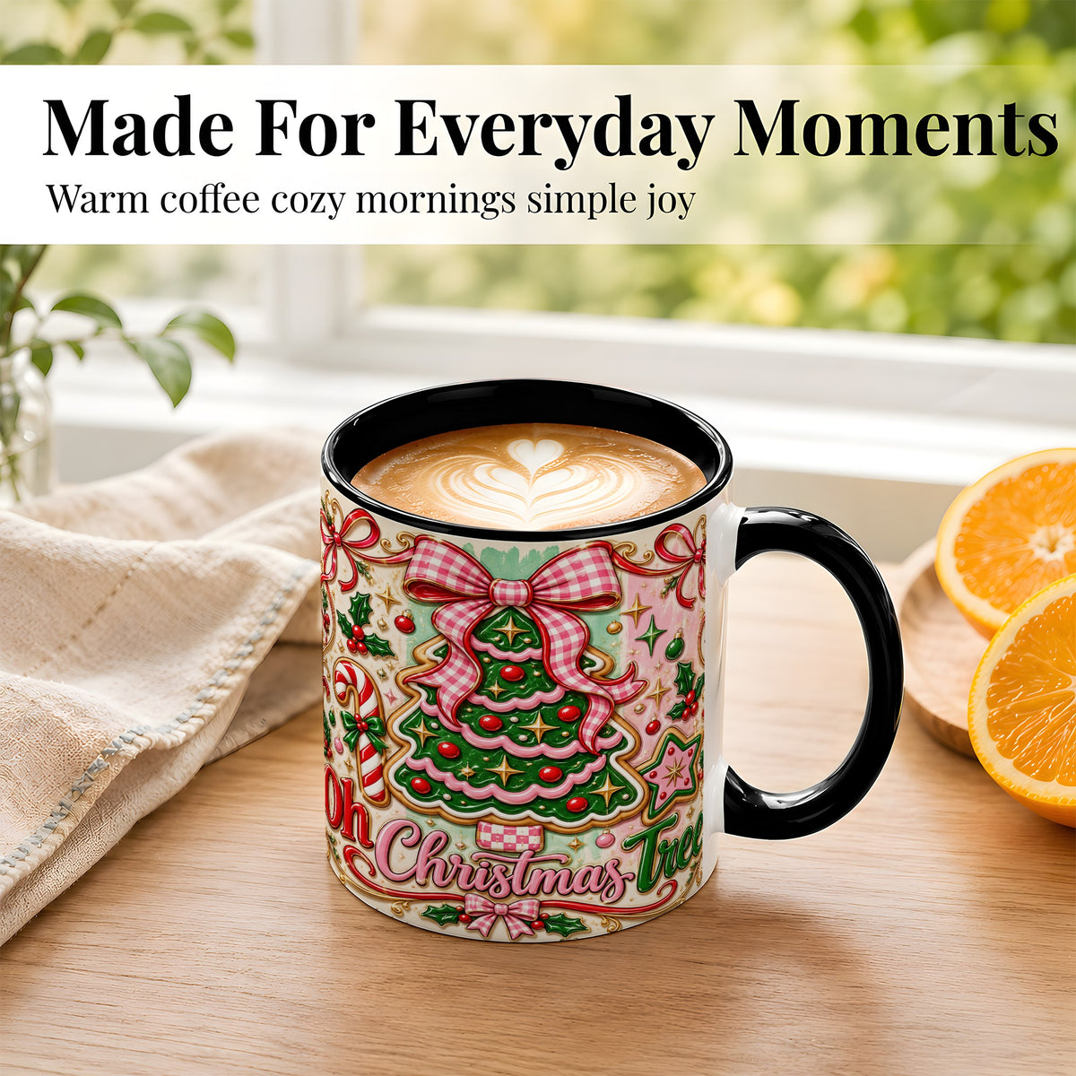 #pl[11oz|Black] Christmas Tree Cookie Coffee Mug, Pink Bow Mug, Ceramic Cup