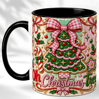 #pl[11oz|Black] Christmas Tree Cookie Coffee Mug, Pink Bow Mug, Ceramic Cup