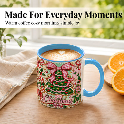 #pl[11oz|Blue] Christmas Tree Cookie Coffee Mug, Pink Bow Mug, Ceramic Cup