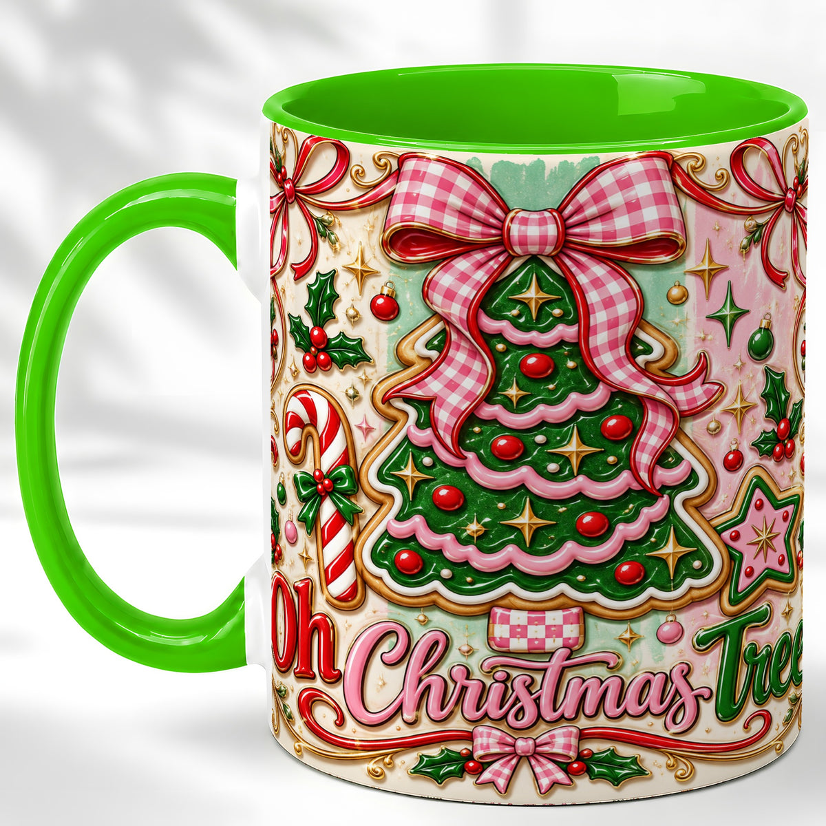 #pl[11oz|Green] Christmas Tree Cookie Coffee Mug, Pink Bow Mug, Ceramic Cup