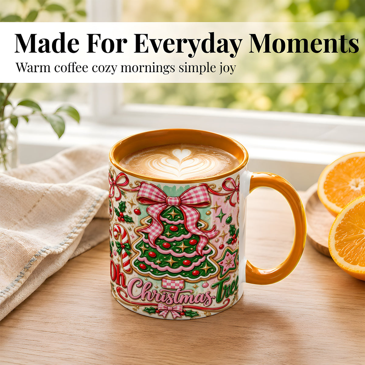#pl[11oz|Orange] Christmas Tree Cookie Coffee Mug, Pink Bow Mug, Ceramic Cup