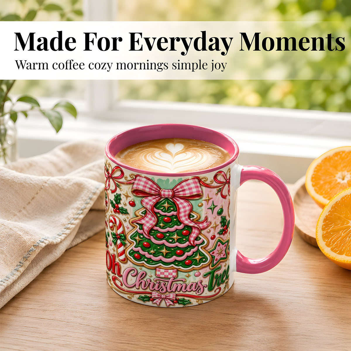 #pl[11oz|Pink] Christmas Tree Cookie Coffee Mug, Pink Bow Mug, Ceramic Cup