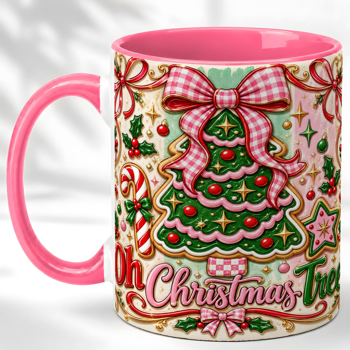 #pl[11oz|Pink] Christmas Tree Cookie Coffee Mug, Pink Bow Mug, Ceramic Cup