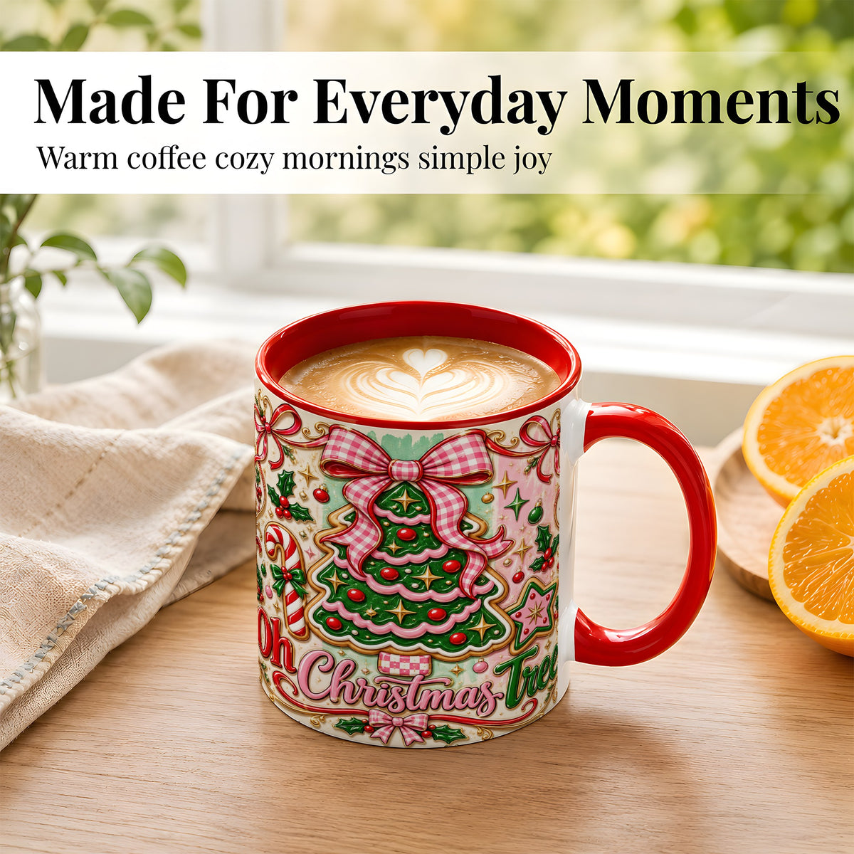 #pl[11oz|Red] Christmas Tree Cookie Coffee Mug, Pink Bow Mug, Ceramic Cup