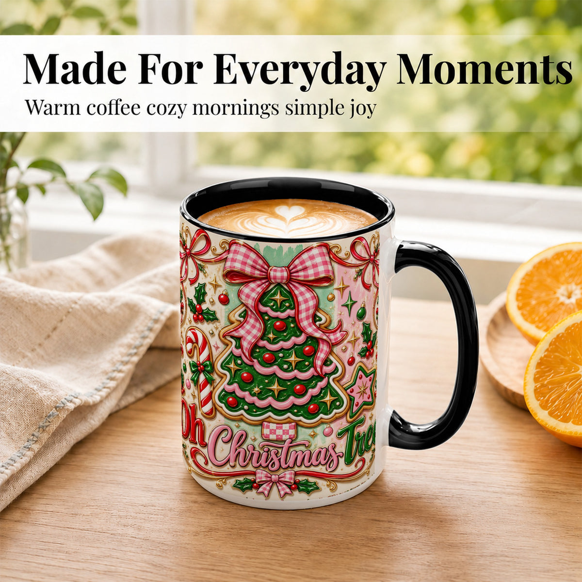 #pl[15oz|Black] Christmas Tree Cookie Coffee Mug, Pink Bow Mug, Ceramic Cup