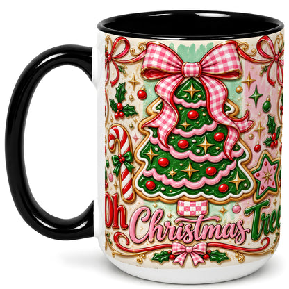 #pl[15oz|Black] Christmas Tree Cookie Coffee Mug, Pink Bow Mug, Ceramic Cup