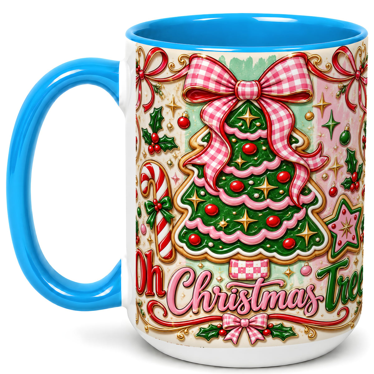 #pl[15oz|Blue] Christmas Tree Cookie Coffee Mug, Pink Bow Mug, Ceramic Cup