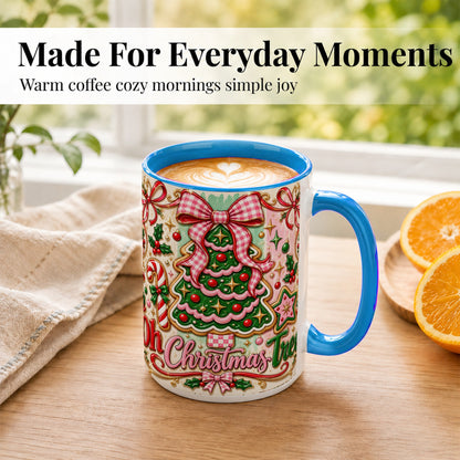 #pl[15oz|Blue] Christmas Tree Cookie Coffee Mug, Pink Bow Mug, Ceramic Cup