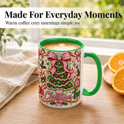 #pl[15oz|Green] Christmas Tree Cookie Coffee Mug, Pink Bow Mug, Ceramic Cup