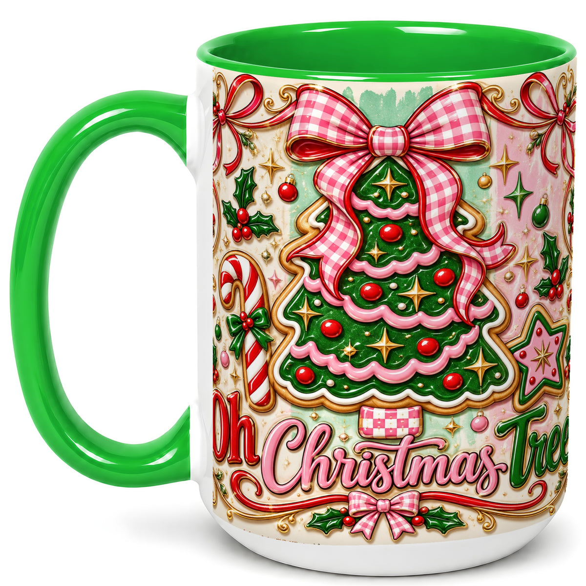 #pl[15oz|Green] Christmas Tree Cookie Coffee Mug, Pink Bow Mug, Ceramic Cup