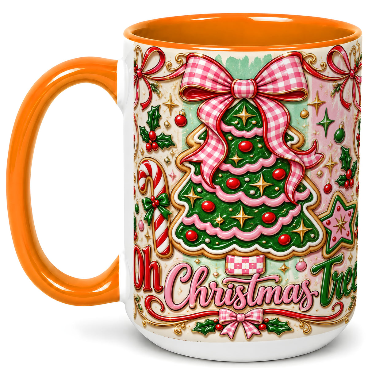 #pl[15oz|Orange] Christmas Tree Cookie Coffee Mug, Pink Bow Mug, Ceramic Cup