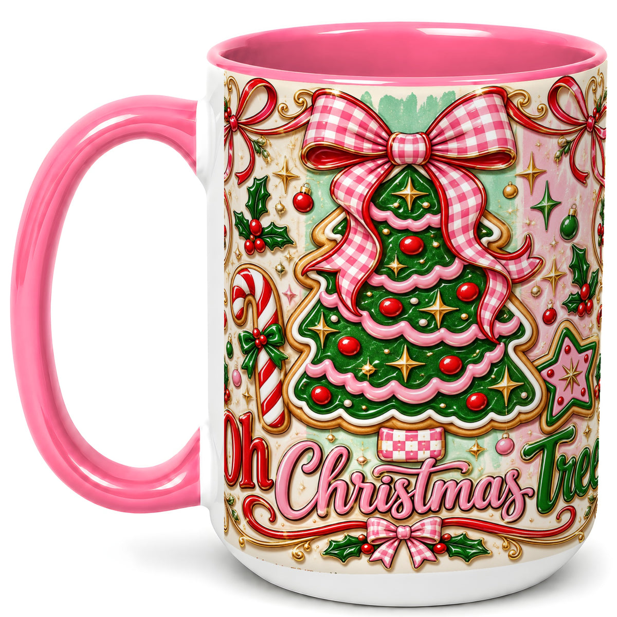 #pl[15oz|Pink] Christmas Tree Cookie Coffee Mug, Pink Bow Mug, Ceramic Cup