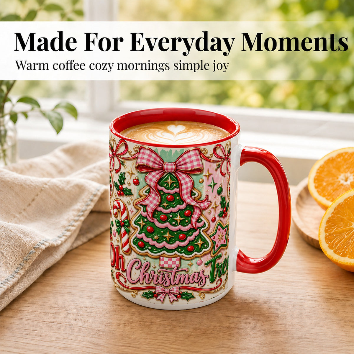#pl[15oz|Red] Christmas Tree Cookie Coffee Mug, Pink Bow Mug, Ceramic Cup