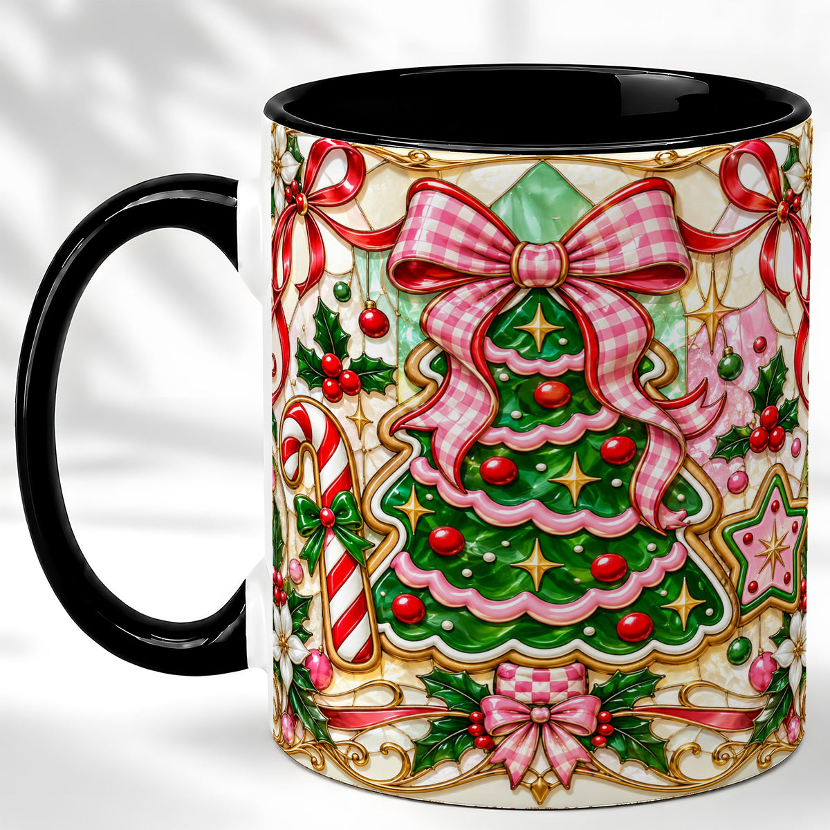 #pl[11oz|Black] Stained Glass Christmas Tree Coffee Mug, Pink Bow Mug, Ceramic Cup