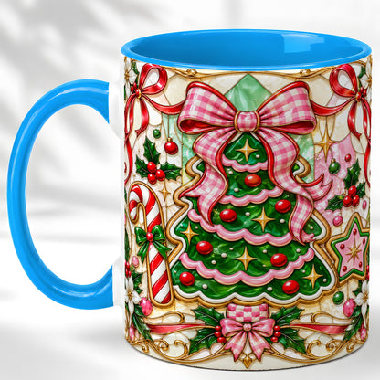 #pl[11oz|Blue] Stained Glass Christmas Tree Coffee Mug, Pink Bow Mug, Ceramic Cup