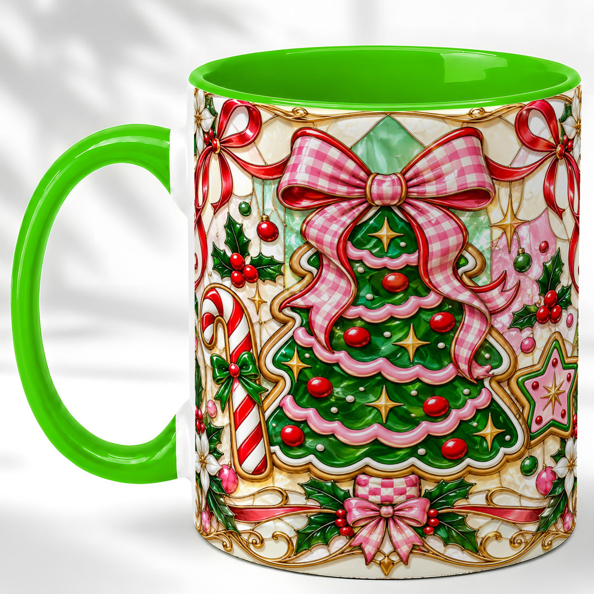 #pl[11oz|Green] Stained Glass Christmas Tree Coffee Mug, Pink Bow Mug, Ceramic Cup
