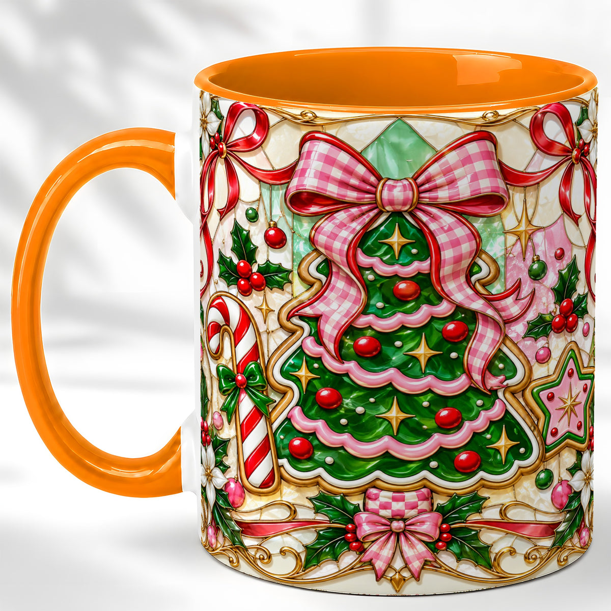#pl[11oz|Orange] Stained Glass Christmas Tree Coffee Mug, Pink Bow Mug, Ceramic Cup