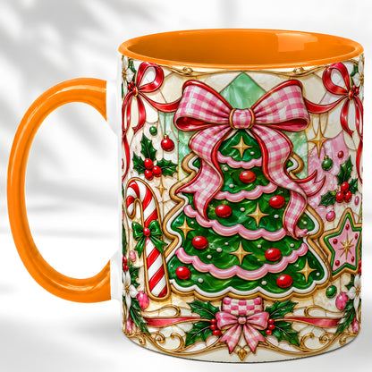 #pl[11oz|Orange] Stained Glass Christmas Tree Coffee Mug, Pink Bow Mug, Ceramic Cup