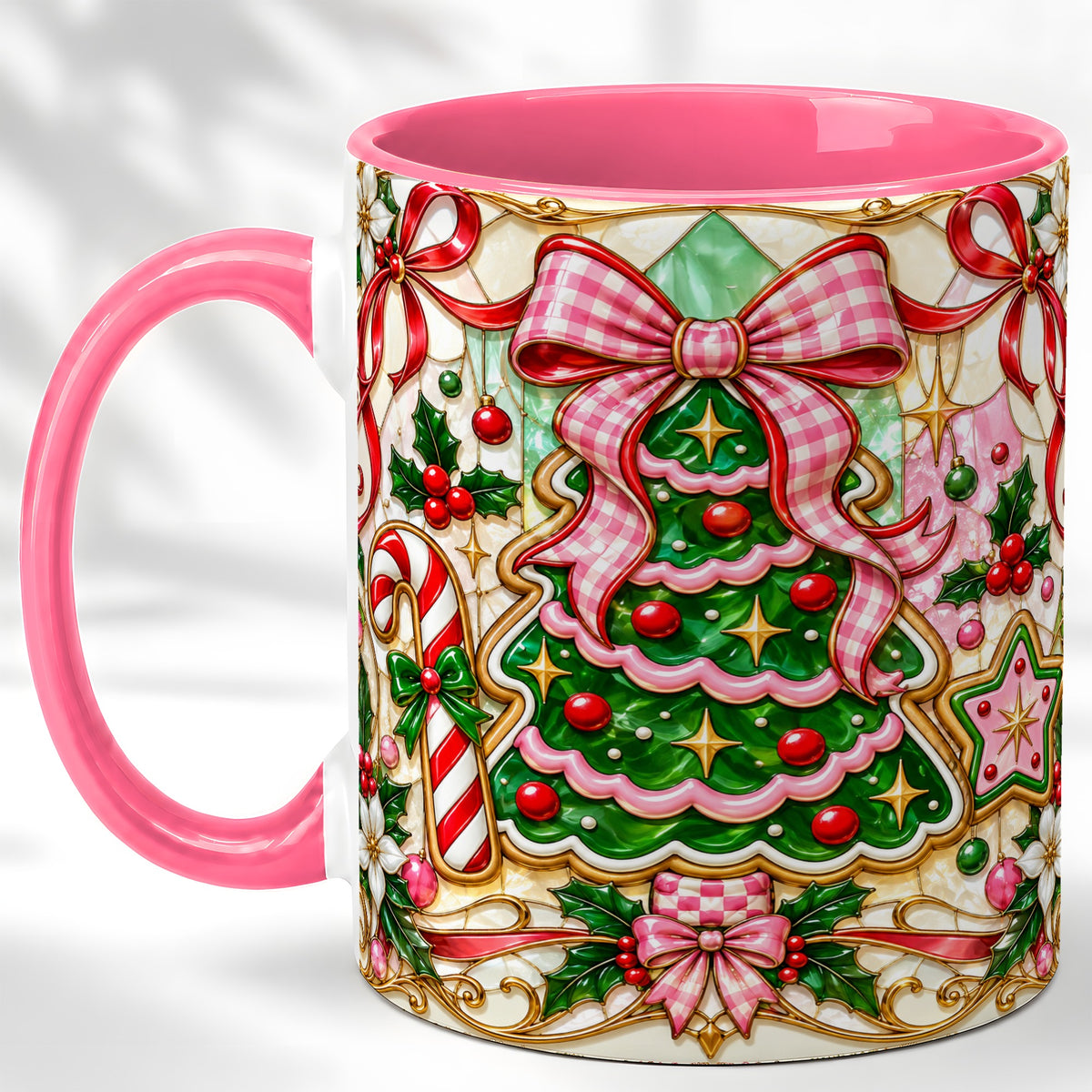 #pl[11oz|Pink] Stained Glass Christmas Tree Coffee Mug, Pink Bow Mug, Ceramic Cup
