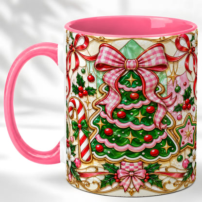 #pl[11oz|Pink] Stained Glass Christmas Tree Coffee Mug, Pink Bow Mug, Ceramic Cup