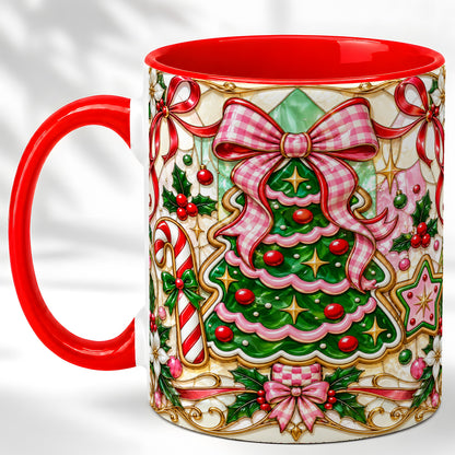 Stained Glass Christmas Tree Coffee Mug, Pink Bow Mug, Ceramic Cup