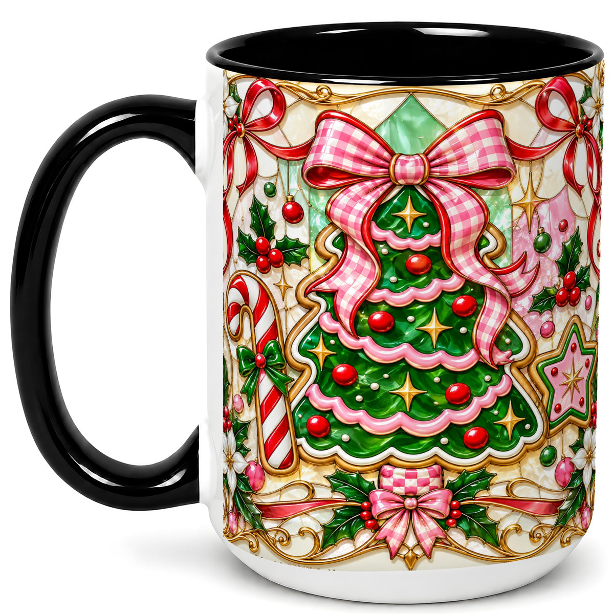 #pl[15oz|Black] Stained Glass Christmas Tree Coffee Mug, Pink Bow Mug, Ceramic Cup