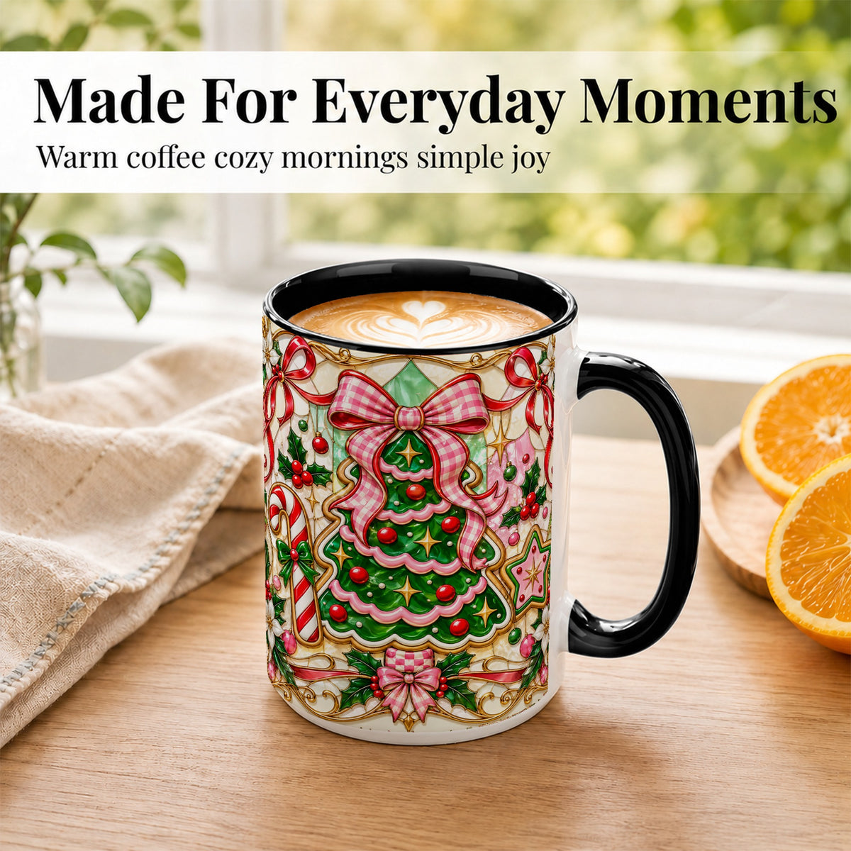#pl[15oz|Black] Stained Glass Christmas Tree Coffee Mug, Pink Bow Mug, Ceramic Cup