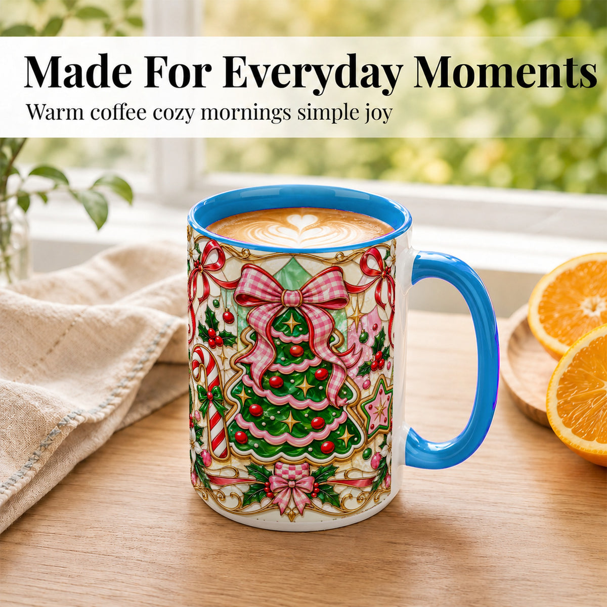 #pl[15oz|Blue] Stained Glass Christmas Tree Coffee Mug, Pink Bow Mug, Ceramic Cup