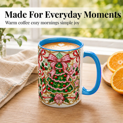 #pl[15oz|Blue] Stained Glass Christmas Tree Coffee Mug, Pink Bow Mug, Ceramic Cup