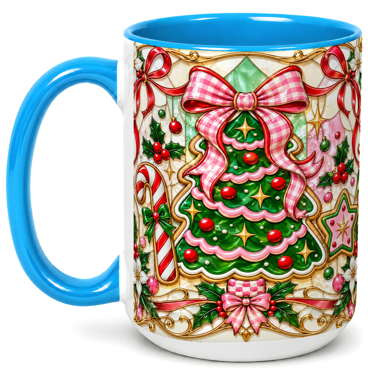 #pl[15oz|Blue] Stained Glass Christmas Tree Coffee Mug, Pink Bow Mug, Ceramic Cup