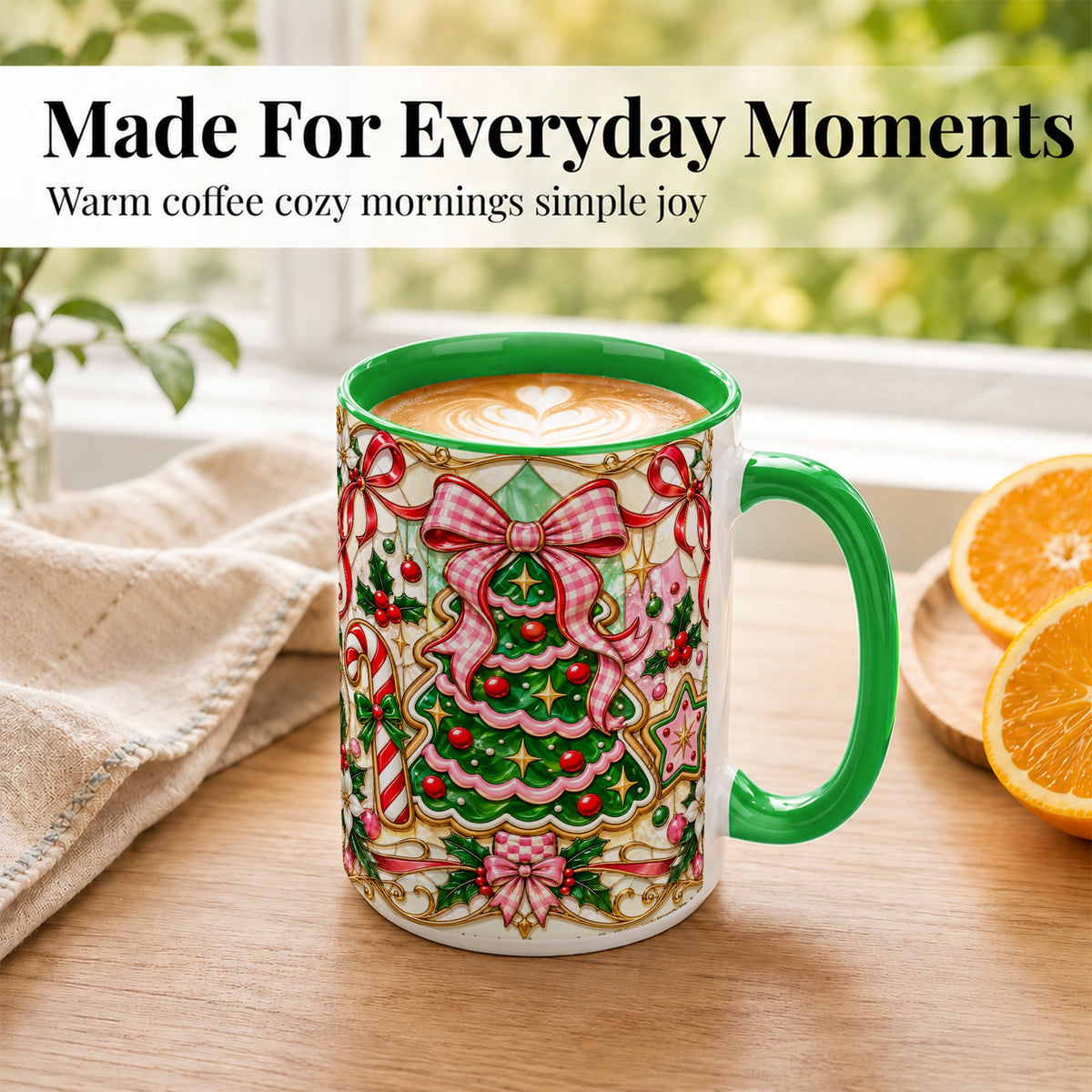 #pl[15oz|Green] Stained Glass Christmas Tree Coffee Mug, Pink Bow Mug, Ceramic Cup