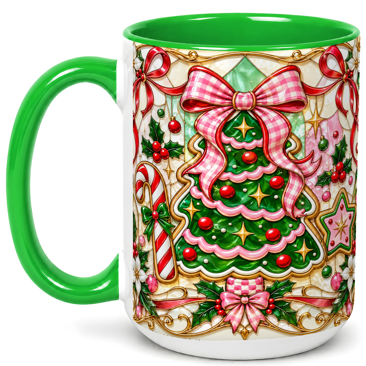 #pl[15oz|Green] Stained Glass Christmas Tree Coffee Mug, Pink Bow Mug, Ceramic Cup