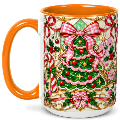 #pl[15oz|Orange] Stained Glass Christmas Tree Coffee Mug, Pink Bow Mug, Ceramic Cup