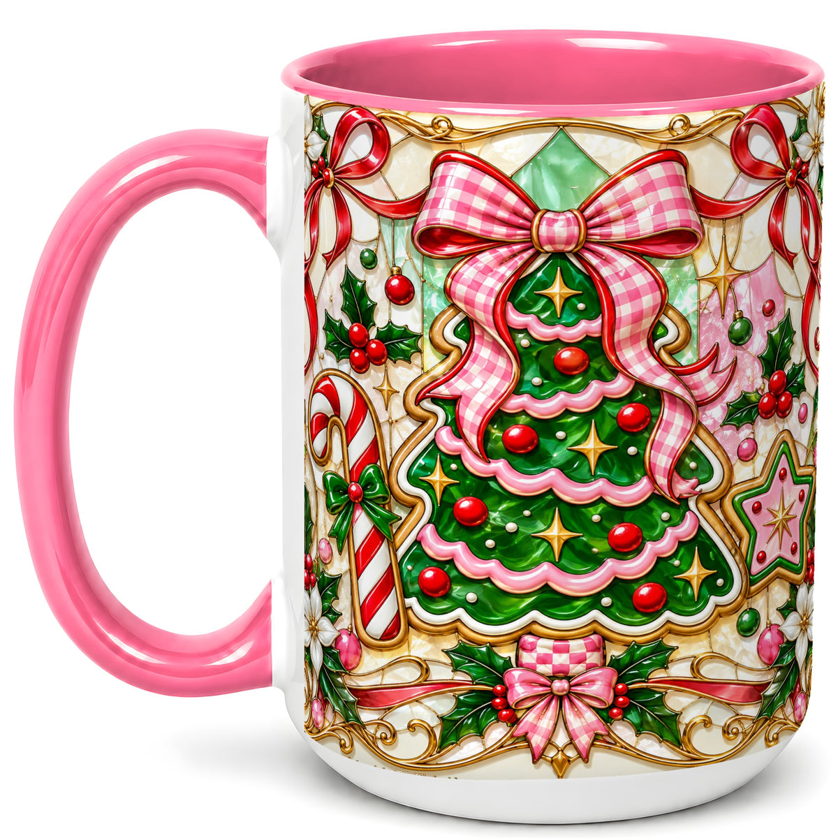 #pl[15oz|Pink] Stained Glass Christmas Tree Coffee Mug, Pink Bow Mug, Ceramic Cup