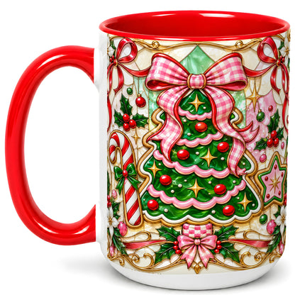 #pl[15oz|Red] Stained Glass Christmas Tree Coffee Mug, Pink Bow Mug, Ceramic Cup