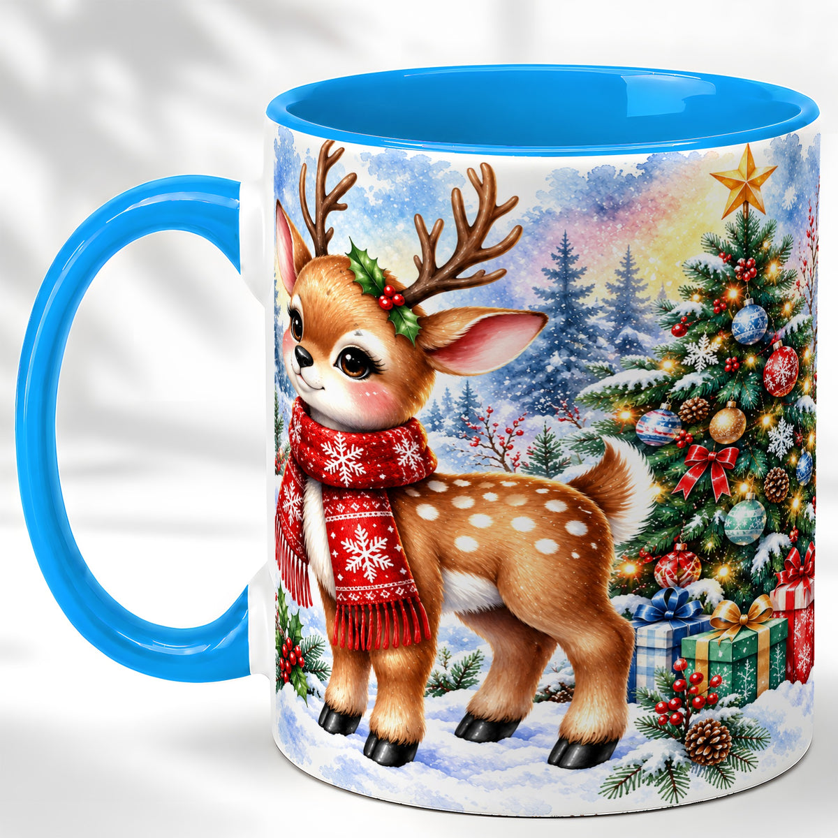 #pl[11oz|Blue] Christmas Reindeer Coffee Mug, Winter Deer Mug, Ceramic Cup