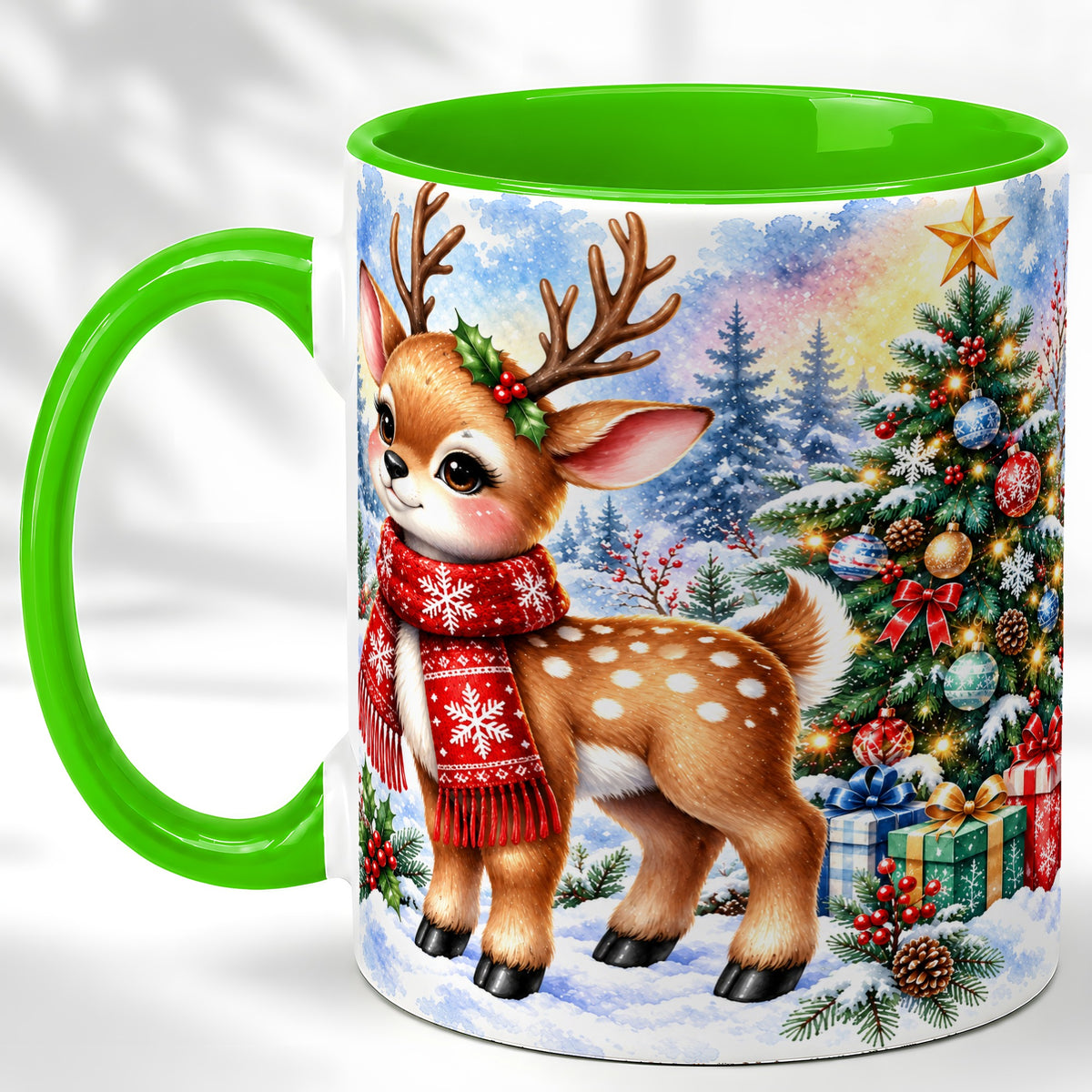 #pl[11oz|Green] Christmas Reindeer Coffee Mug, Winter Deer Mug, Ceramic Cup
