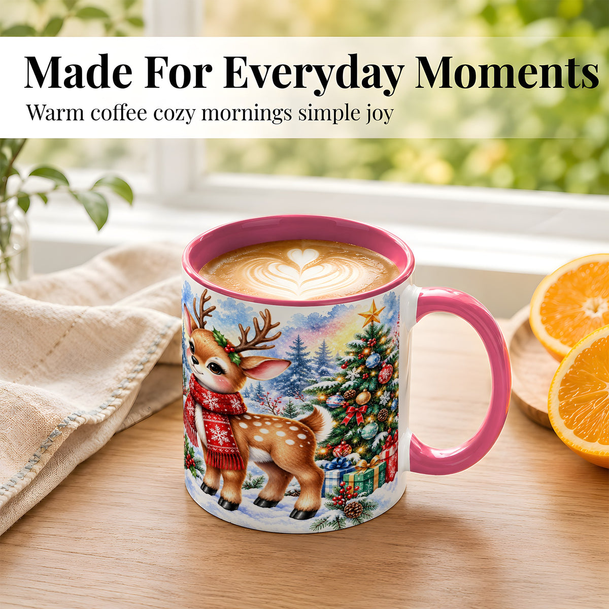#pl[11oz|Pink] Christmas Reindeer Coffee Mug, Winter Deer Mug, Ceramic Cup