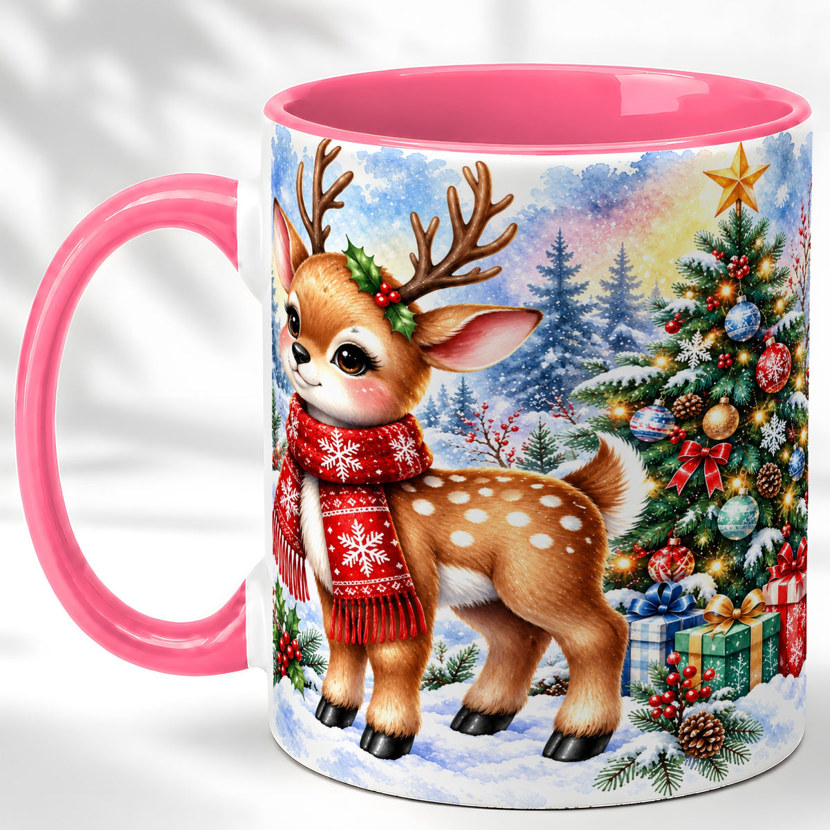 #pl[11oz|Pink] Christmas Reindeer Coffee Mug, Winter Deer Mug, Ceramic Cup