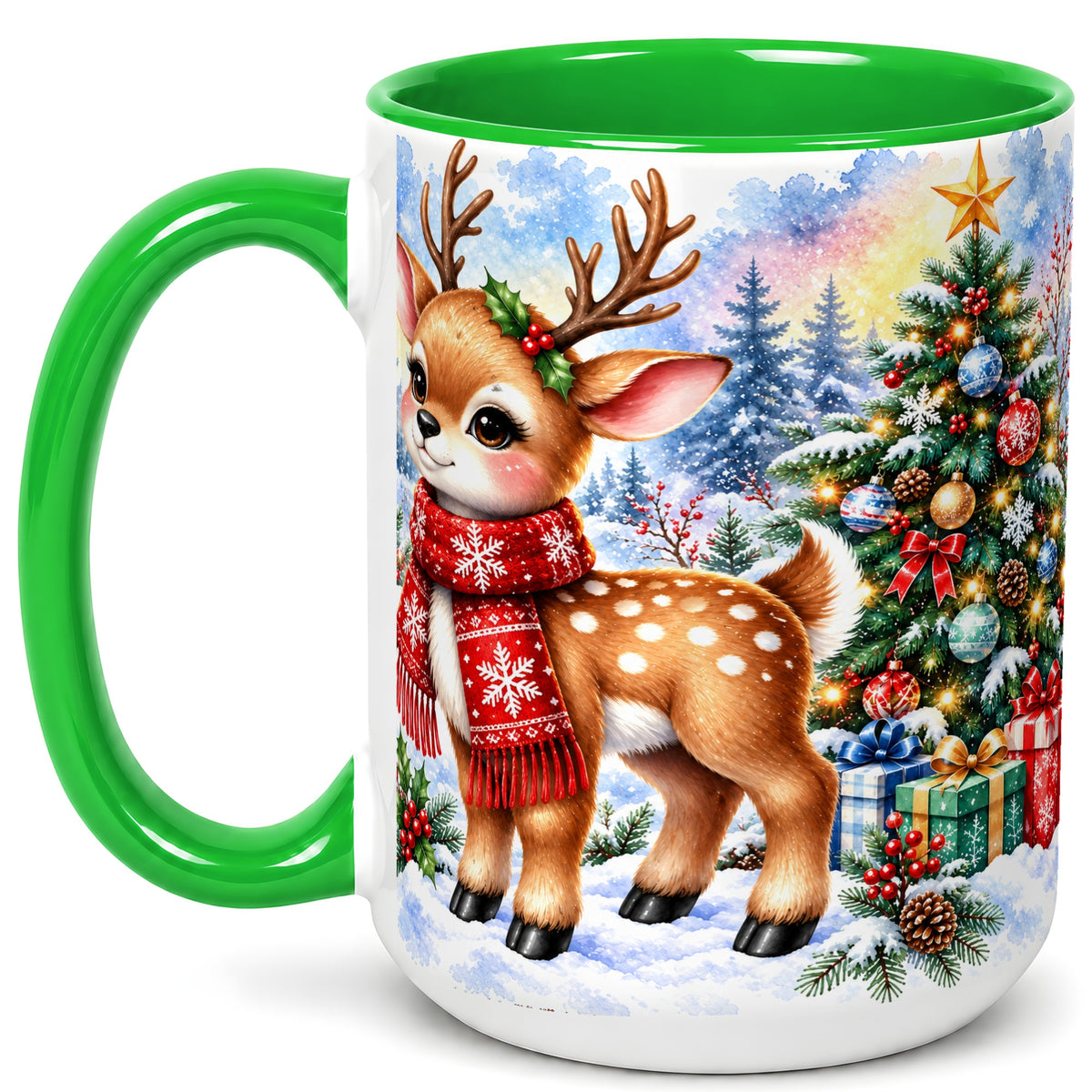 #pl[15oz|Green] Christmas Reindeer Coffee Mug, Winter Deer Mug, Ceramic Cup