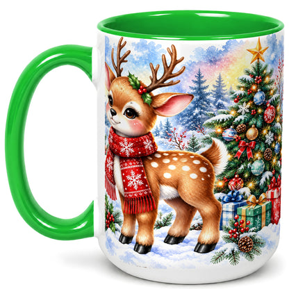 #pl[15oz|Green] Christmas Reindeer Coffee Mug, Winter Deer Mug, Ceramic Cup