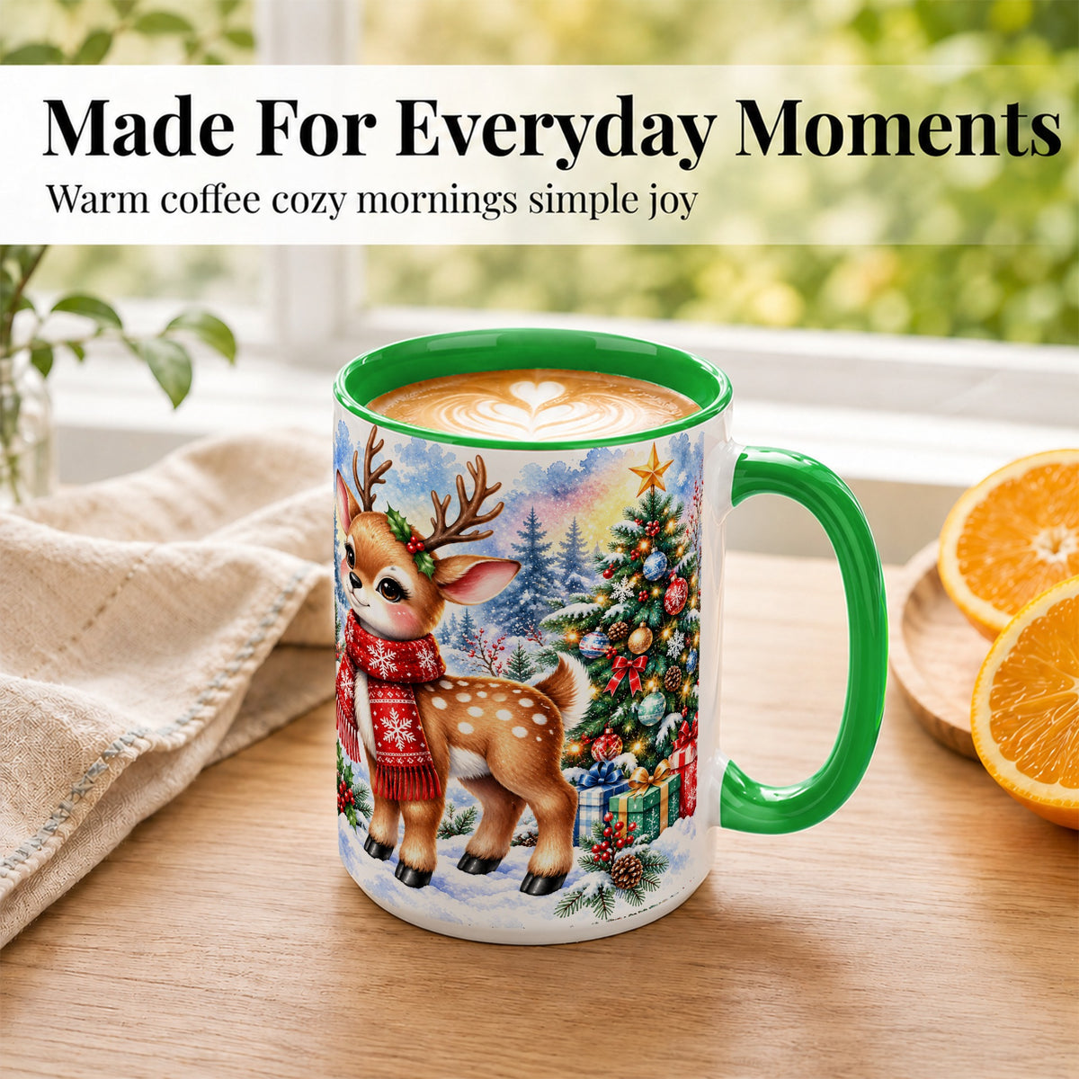 #pl[15oz|Green] Christmas Reindeer Coffee Mug, Winter Deer Mug, Ceramic Cup