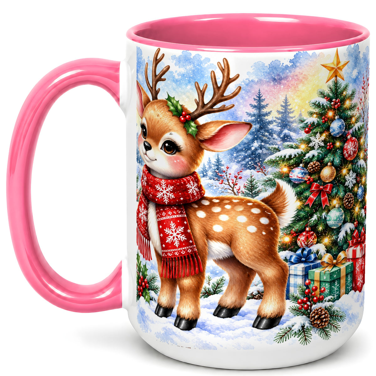 #pl[15oz|Pink] Christmas Reindeer Coffee Mug, Winter Deer Mug, Ceramic Cup