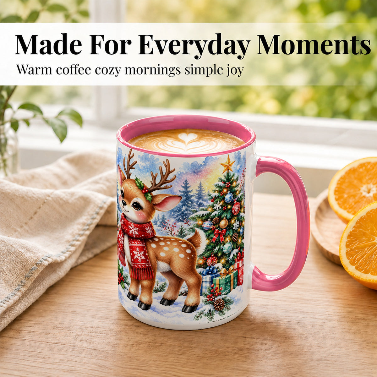 #pl[15oz|Pink] Christmas Reindeer Coffee Mug, Winter Deer Mug, Ceramic Cup