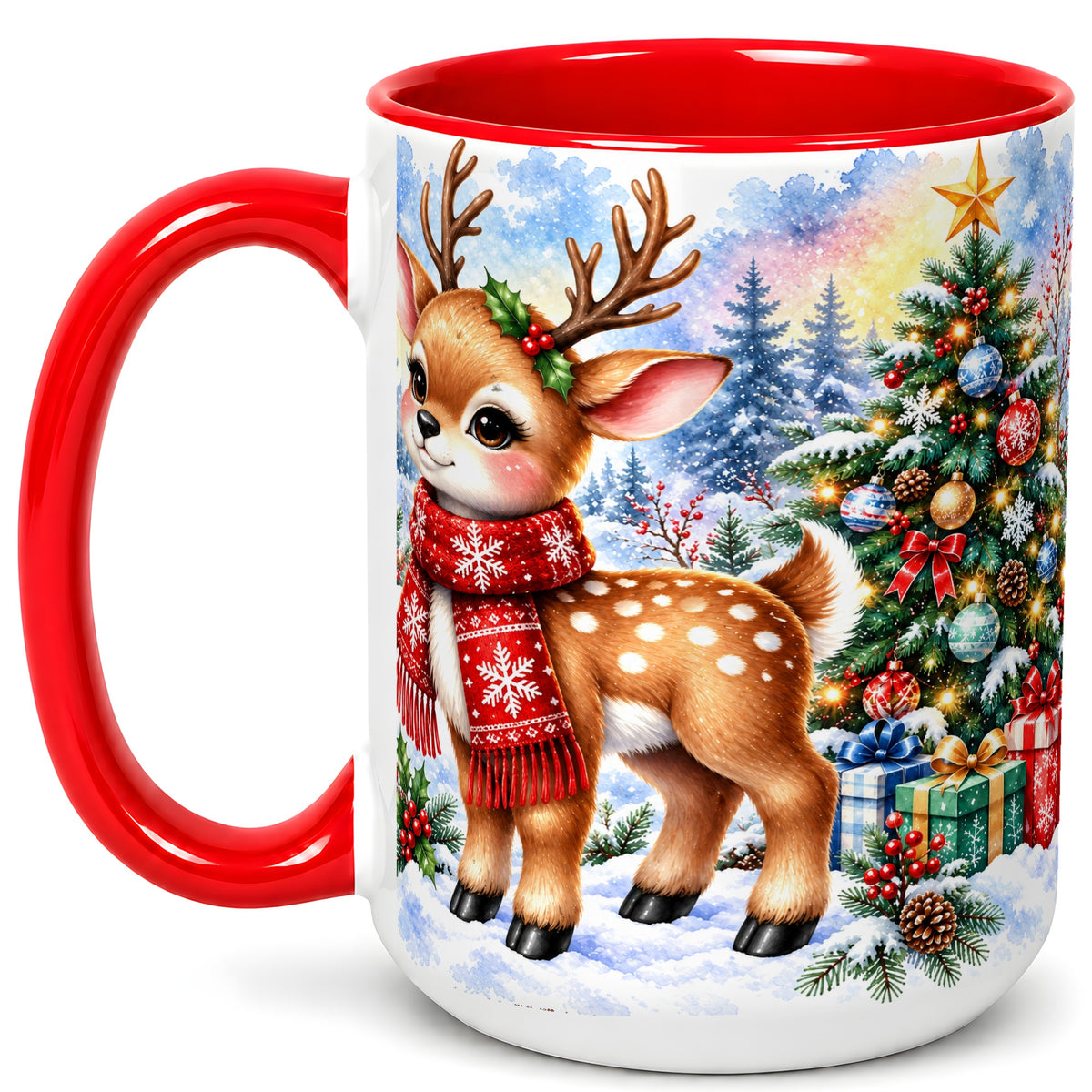 #pl[15oz|Red] Christmas Reindeer Coffee Mug, Winter Deer Mug, Ceramic Cup