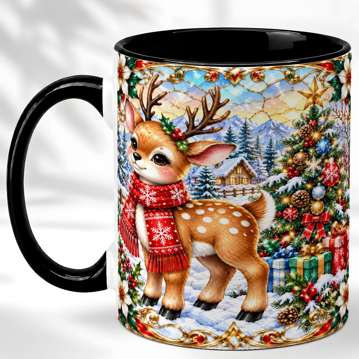 #pl[11oz|Black] Christmas Reindeer Coffee Mug, Winter Deer Mug, Ceramic Cup