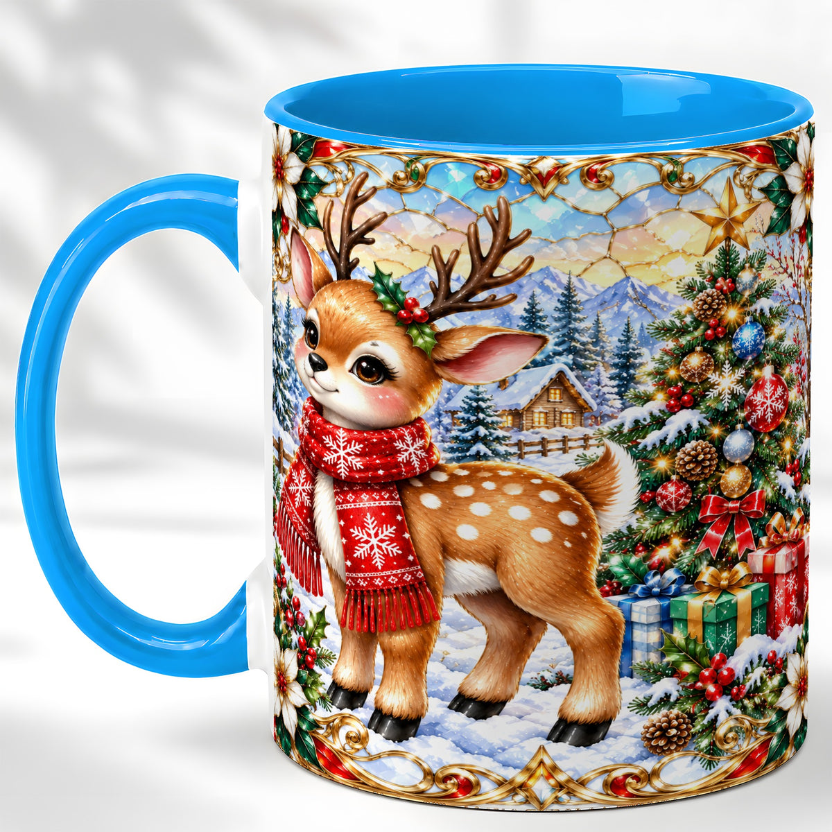 #pl[11oz|Blue] Christmas Reindeer Coffee Mug, Winter Deer Mug, Ceramic Cup