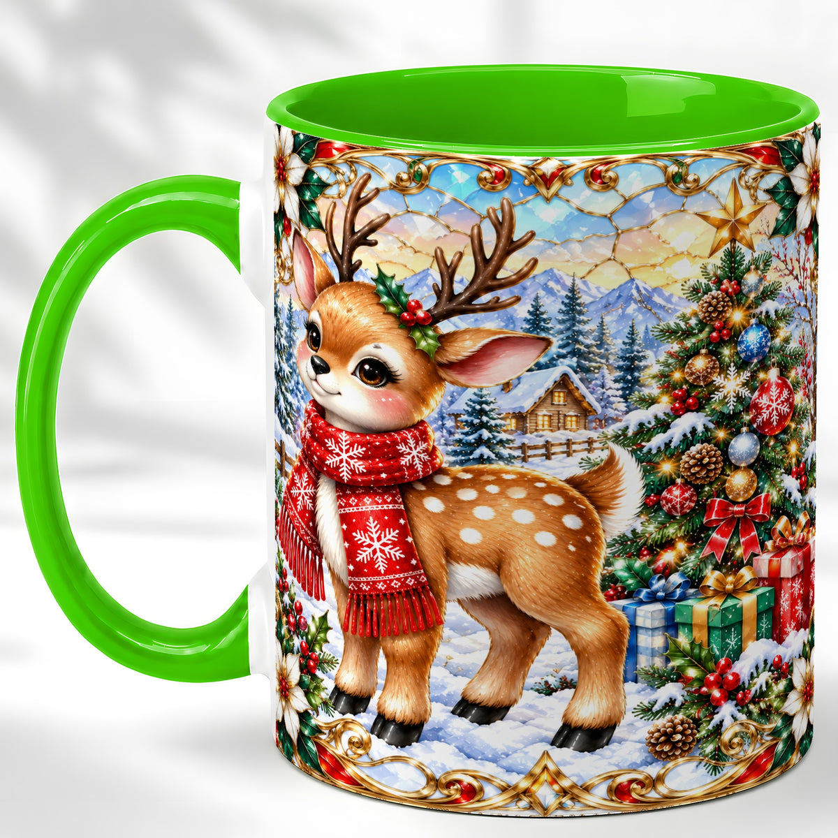 #pl[11oz|Green] Christmas Reindeer Coffee Mug, Winter Deer Mug, Ceramic Cup